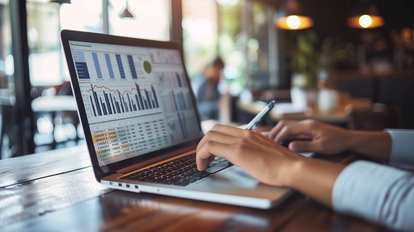 A landlord, analyzing a graph on a laptop that shows rental income versus expenses over several months.