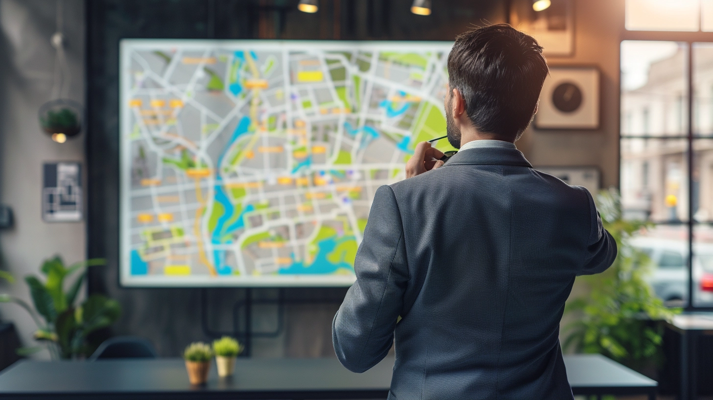 A landlord analyzing a large map on the wall, pinpointing locations of various rental properties