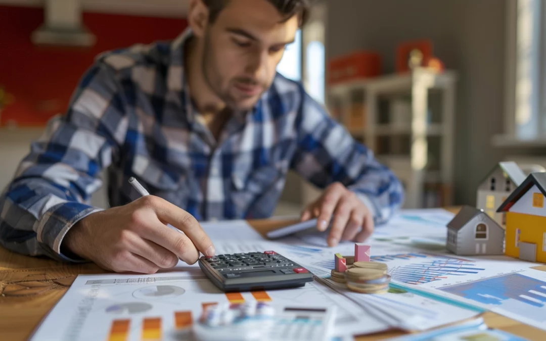 A landlord at a desk, calculating profits on a calculator with rental property listings and financial charts spread out before him