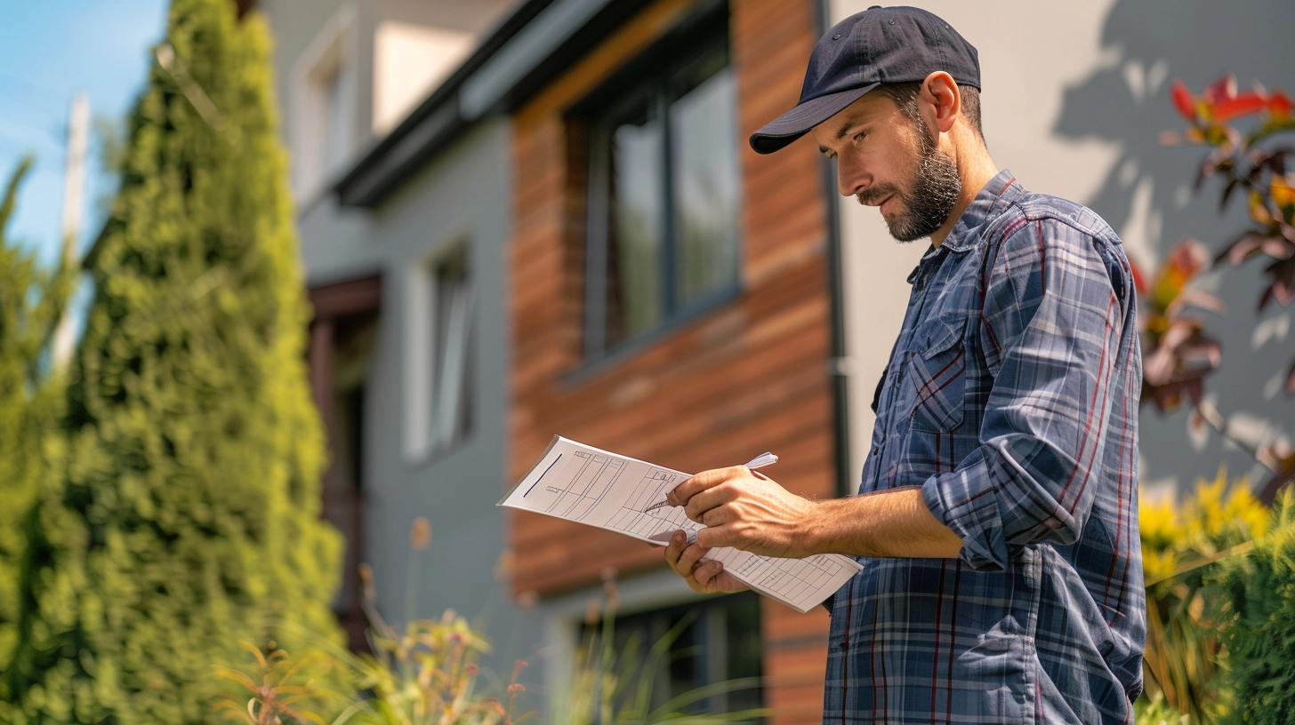 A landlord conducting a property inspection with a maintenance checklist, ensuring the property is in top condition