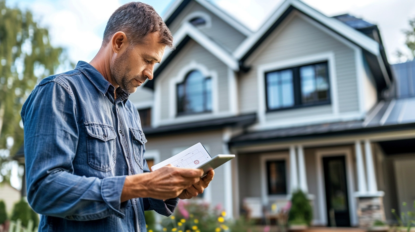 A landlord updating a maintenance log on a digital device, scheduling upcoming inspections and repairs.