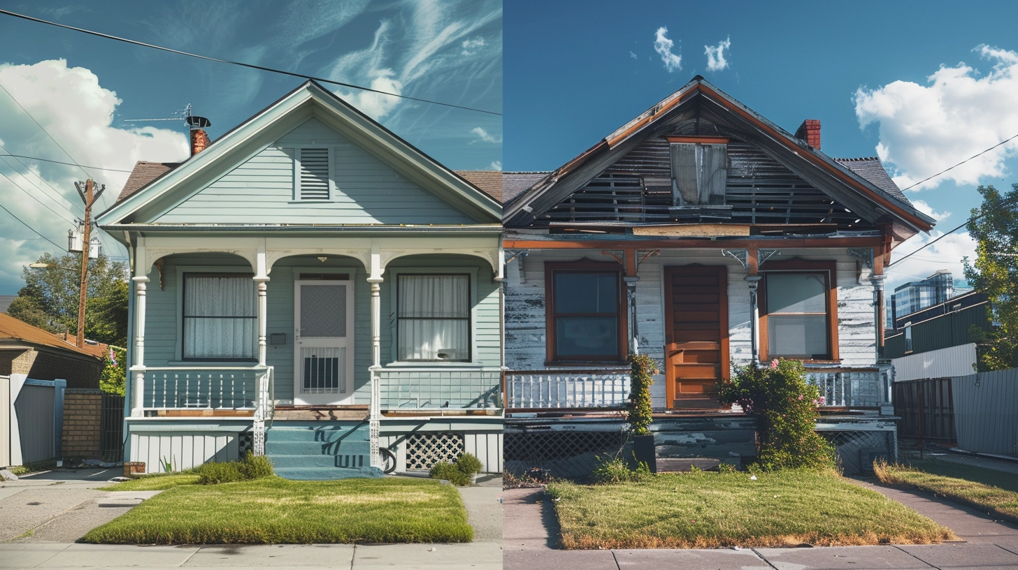 A side-by-side comparison of two rental properties - one in excellent condition and another in need of repair