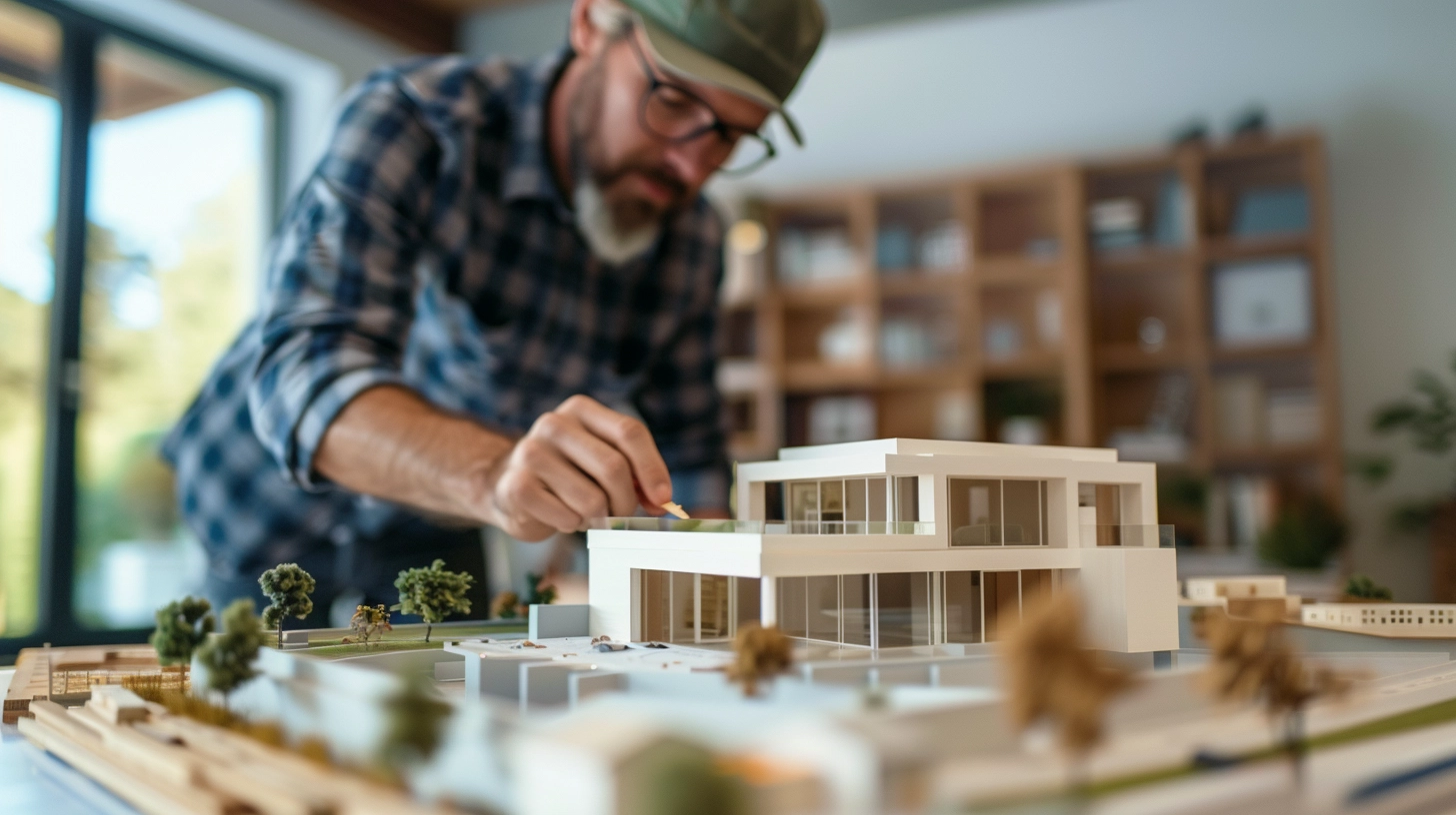 Landlord attentively inspecting a scale model of property, meticulous evaluation for real estate management