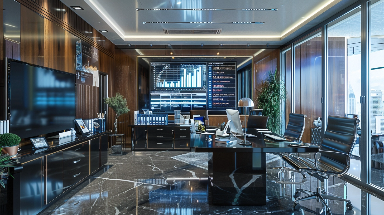 A luxurious office with detailed charts and timelines on display