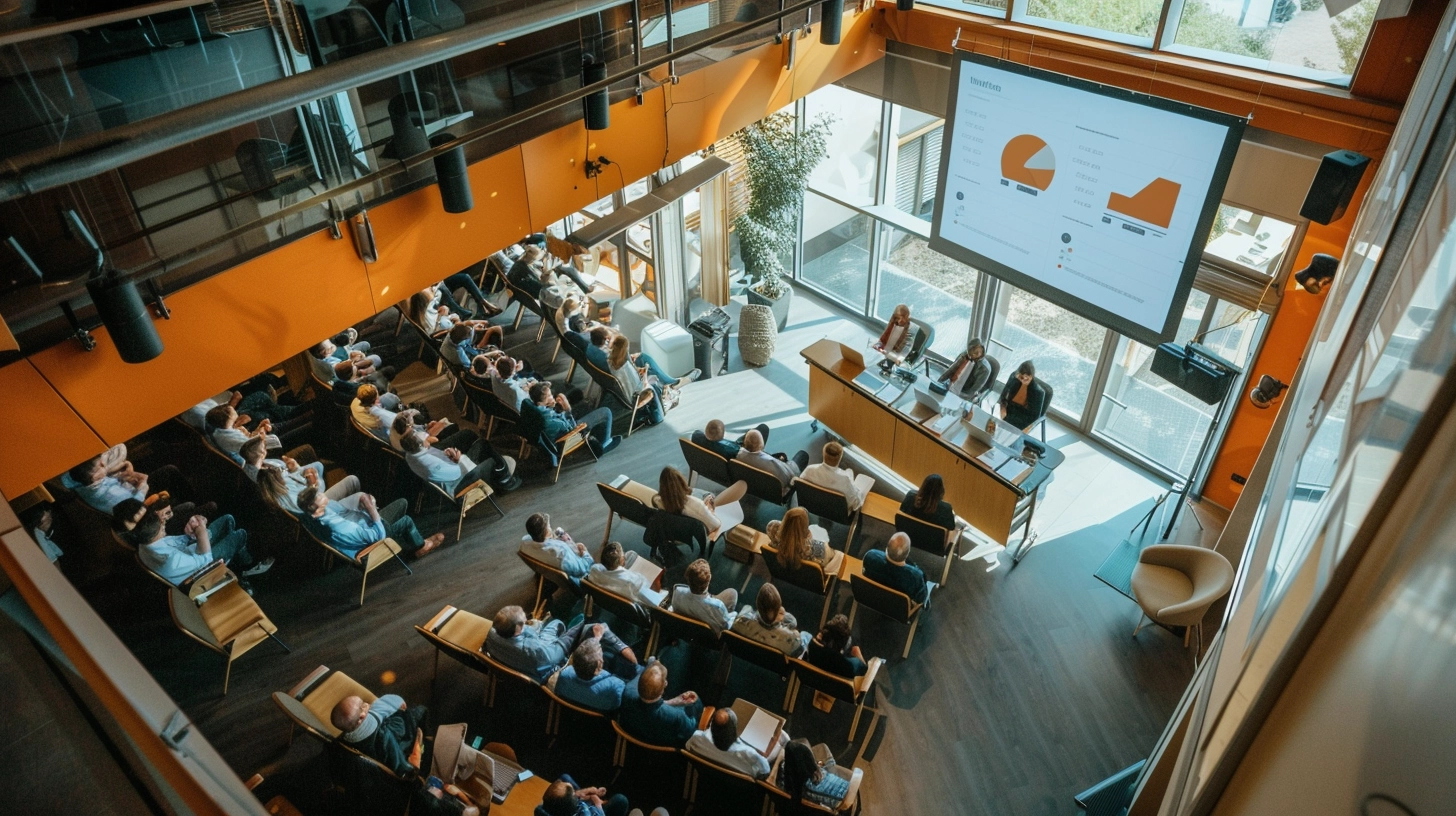 A workshop on real estate wholesaling, attendees listening to a speaker, detailed charts and graphs on a presentation screen