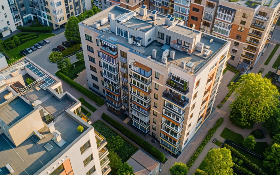 An aerial view of a large apartment building