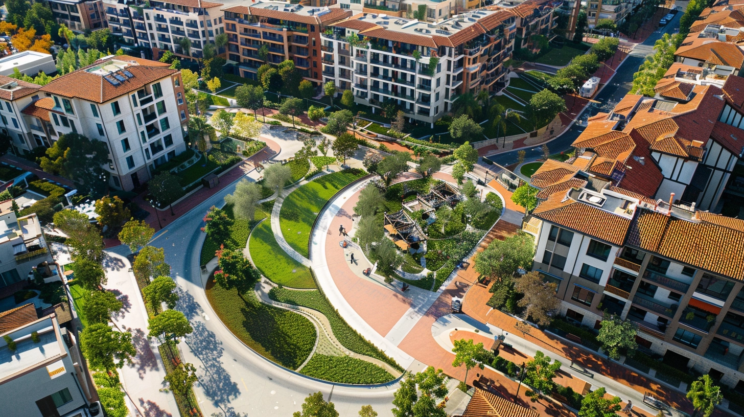 An aerial view of a mixed-use property, showing both residential apartments and commercial retail spaces