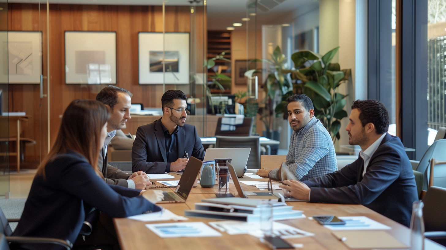 Multiple investors meeting in a modern office, discussing a real estate syndication deal